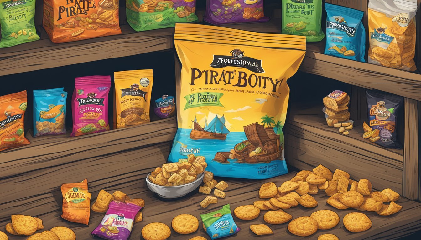 A bag of Pirate's Booty sits on a shelf, surrounded by other snack options. The packaging is bright and eye-catching, with a clear expiration date displayed prominently