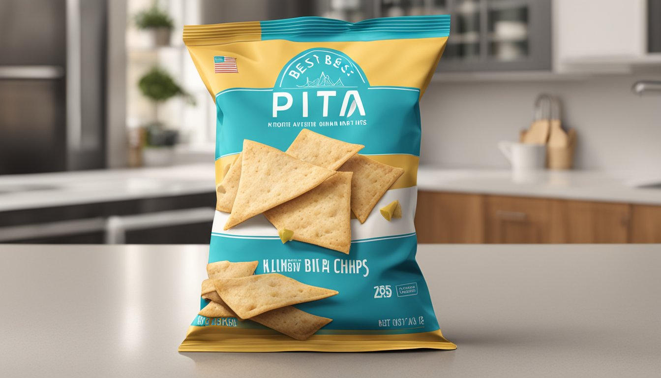 A bag of pita chips sits unopened on a kitchen counter, with a "best by" date clearly displayed on the packaging