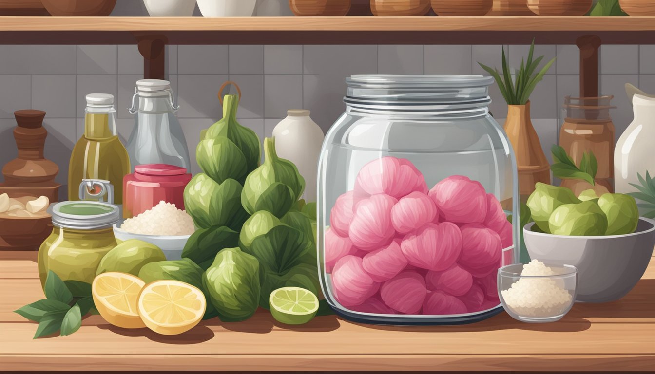 A jar of pickled ginger on a kitchen shelf, surrounded by ingredients like rice vinegar, sugar, and fresh ginger