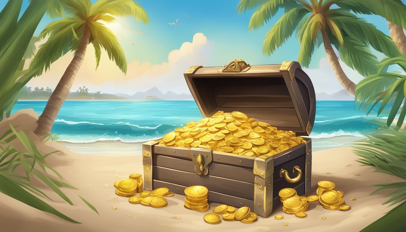 A treasure chest overflowing with gold coins, jewels, and trinkets sits atop a sandy beach, surrounded by palm trees and a shipwreck in the background