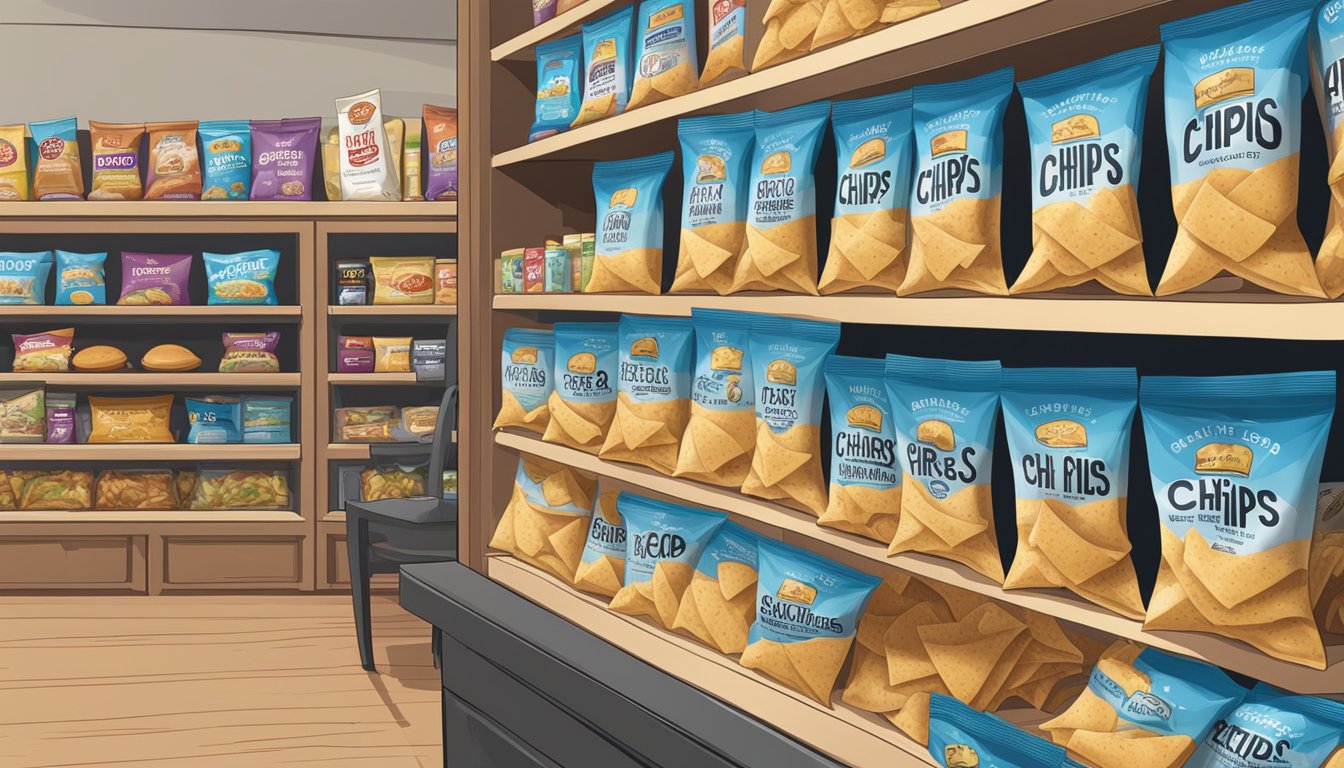 A sealed bag of pita chips sits on a pantry shelf next to other snacks. The expiration date is visible on the packaging