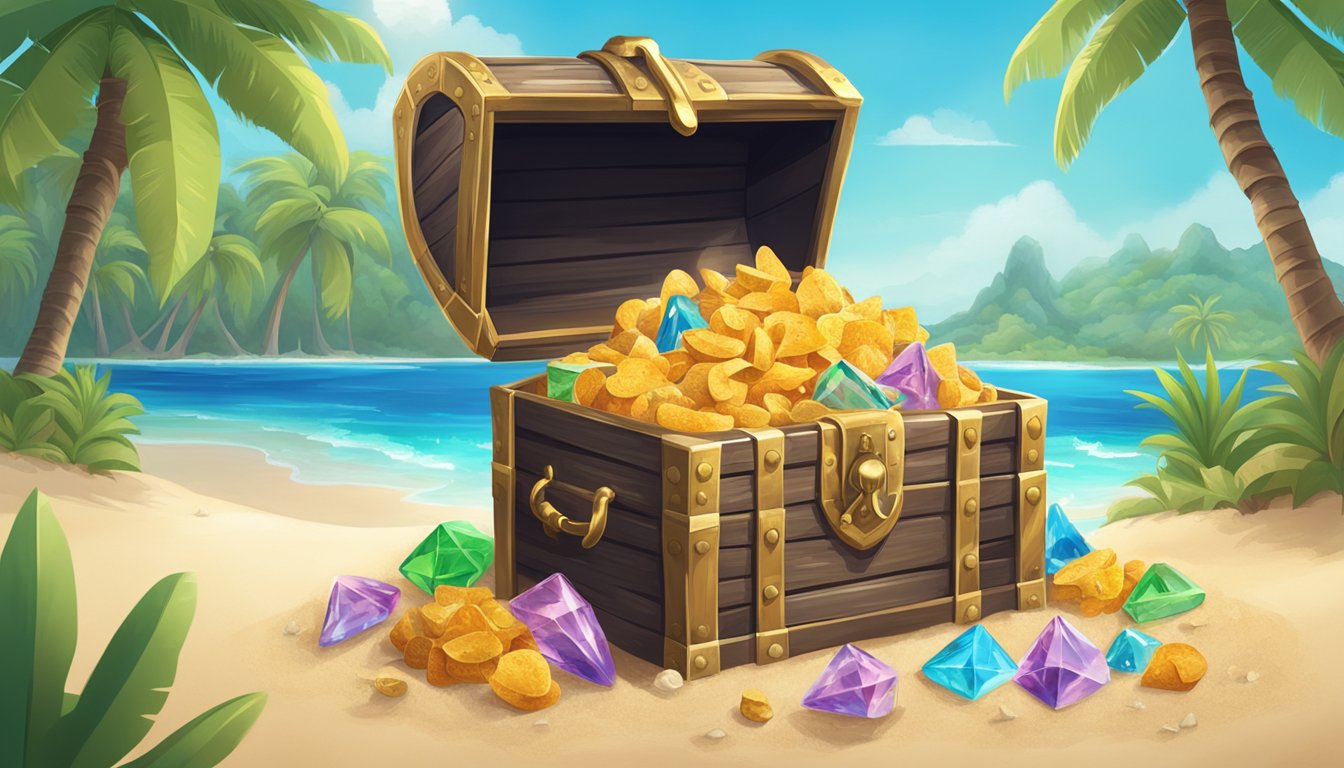 A treasure chest filled with Pirate's Booty snacks sits on a deserted island, surrounded by palm trees and a crystal-clear ocean