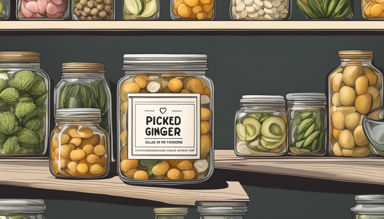 A glass jar of pickled ginger sits on a kitchen shelf, surrounded by other preserved foods. The label indicates the date it was made