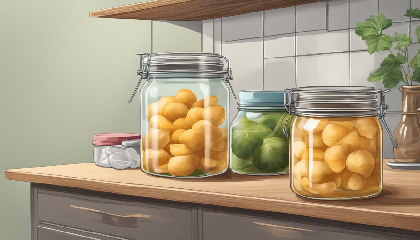 A jar of pickled ginger sits on a kitchen shelf, its contents preserved in a clear liquid. The label on the jar indicates the date it was opened