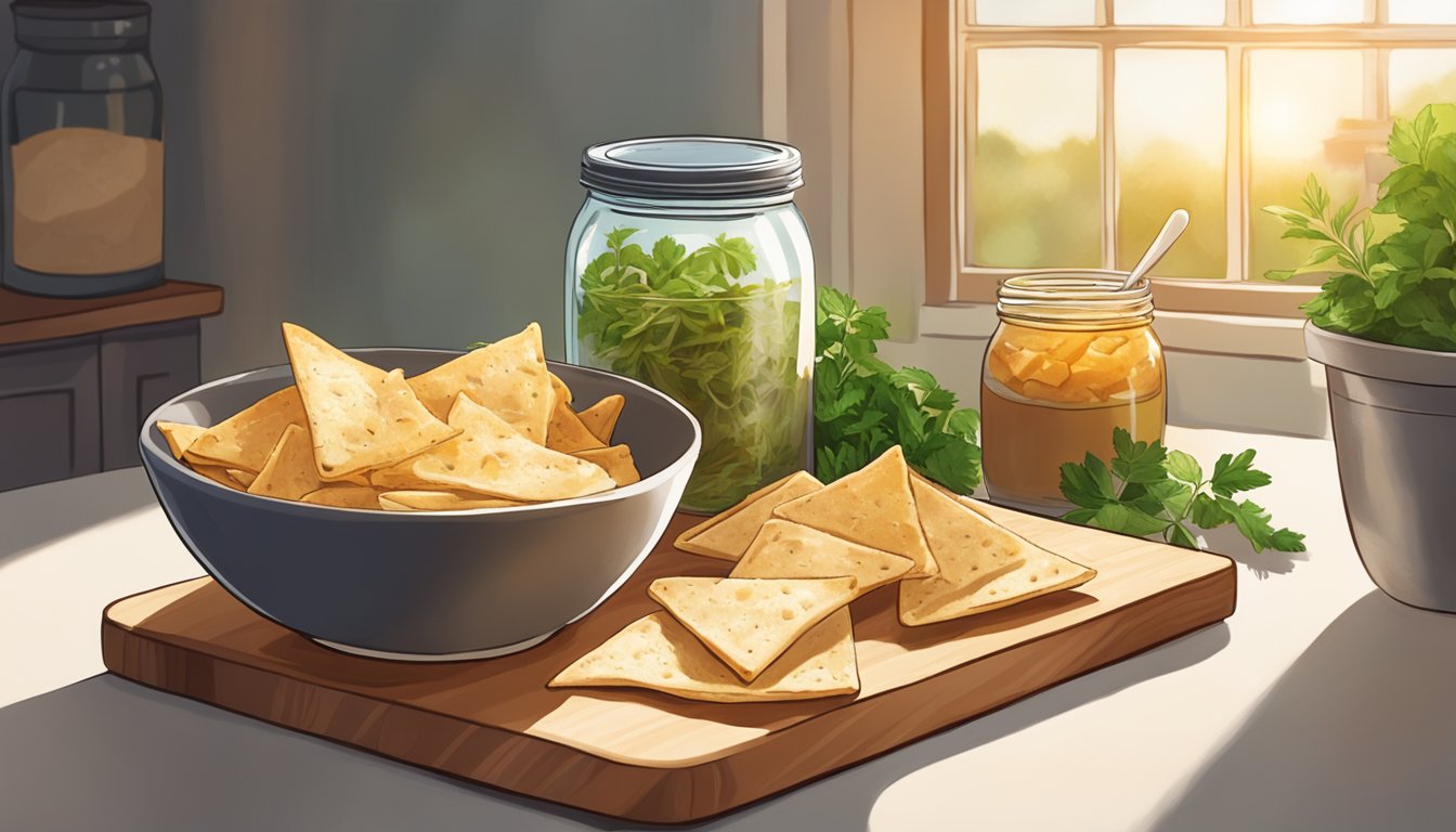 A bowl of pita chips sits on a wooden cutting board, surrounded by fresh herbs and a jar of hummus. Sunshine streams through a nearby window, casting a warm glow on the scene