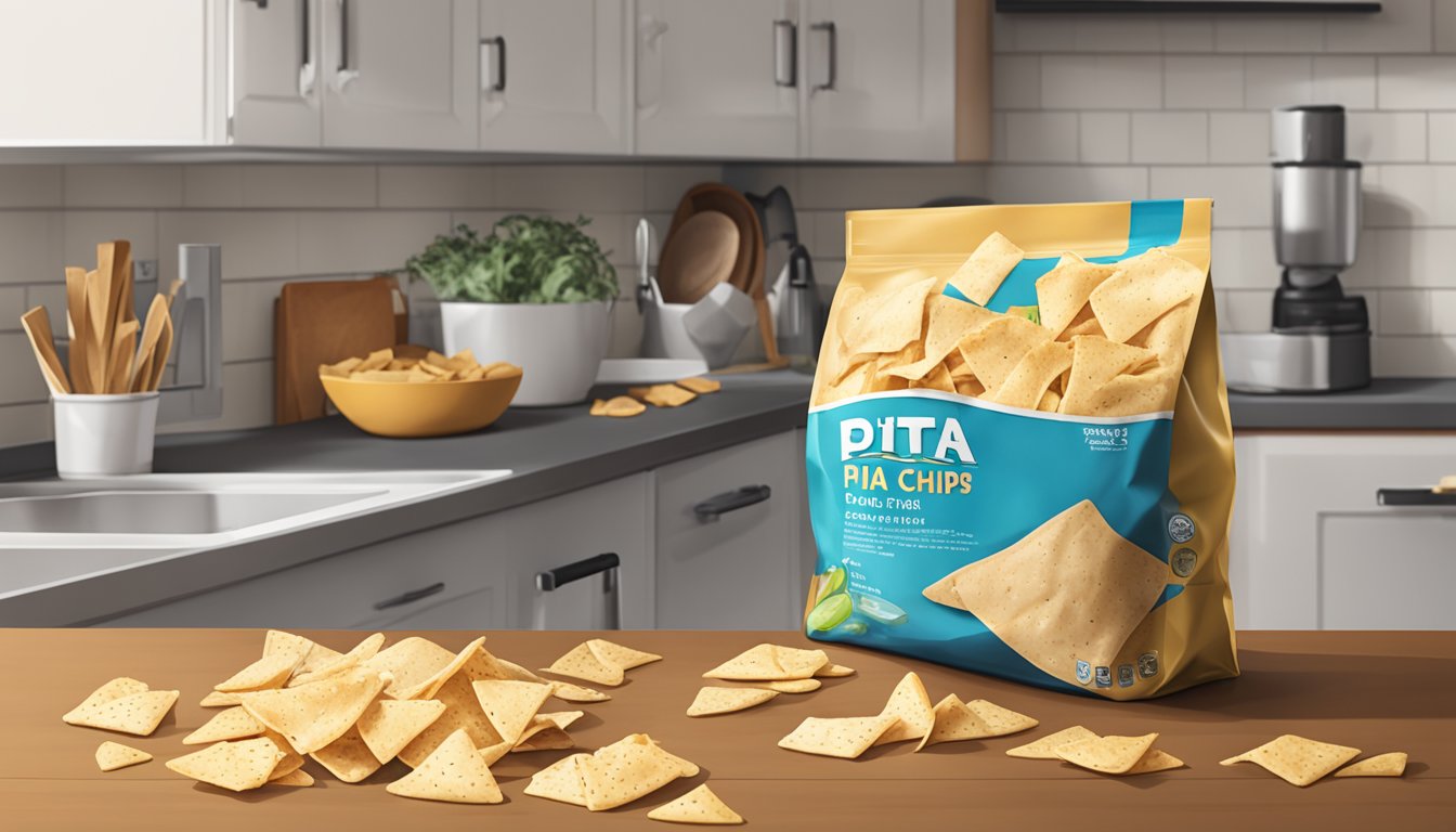 A bag of pita chips sits unopened on a kitchen counter, surrounded by a few loose chips scattered nearby. A calendar hangs on the wall, showing the current date