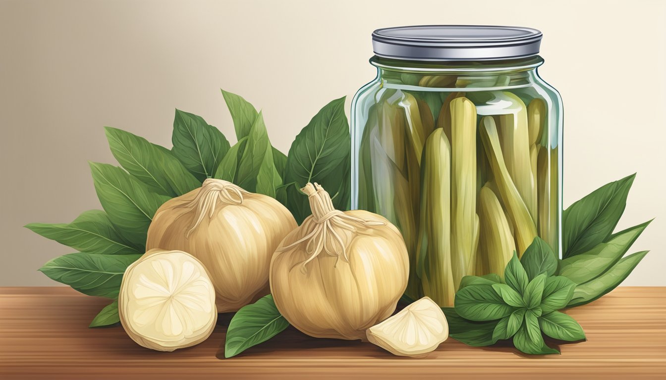 A jar of pickled ginger on a kitchen counter, surrounded by fresh ginger root and various spices