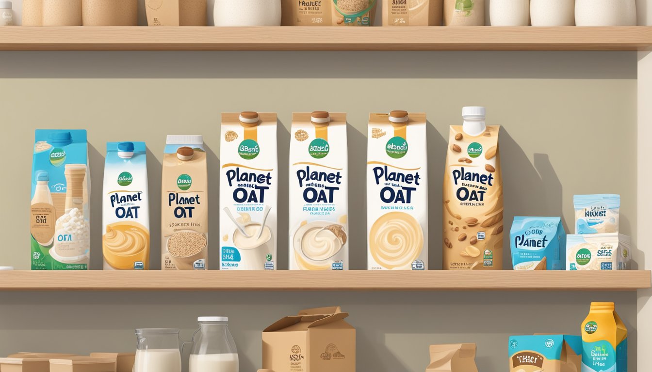 A carton of Planet Oat Oat Milk sits on a kitchen shelf, surrounded by other non-dairy products. The expiration date is clearly visible on the packaging