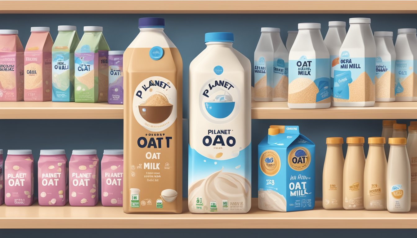 A shelf with a carton of Planet Oat Oat Milk, surrounded by various expiration date labels and a refrigerator in the background