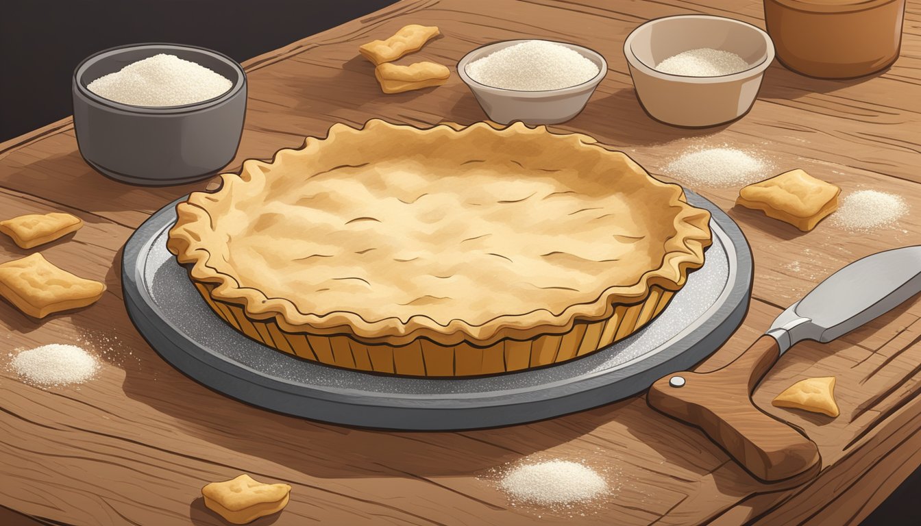 A freshly baked pie crust sits on a rustic wooden cutting board, with a few scattered flour dustings. The crust is golden brown and flaky, with a slightly crimped edge