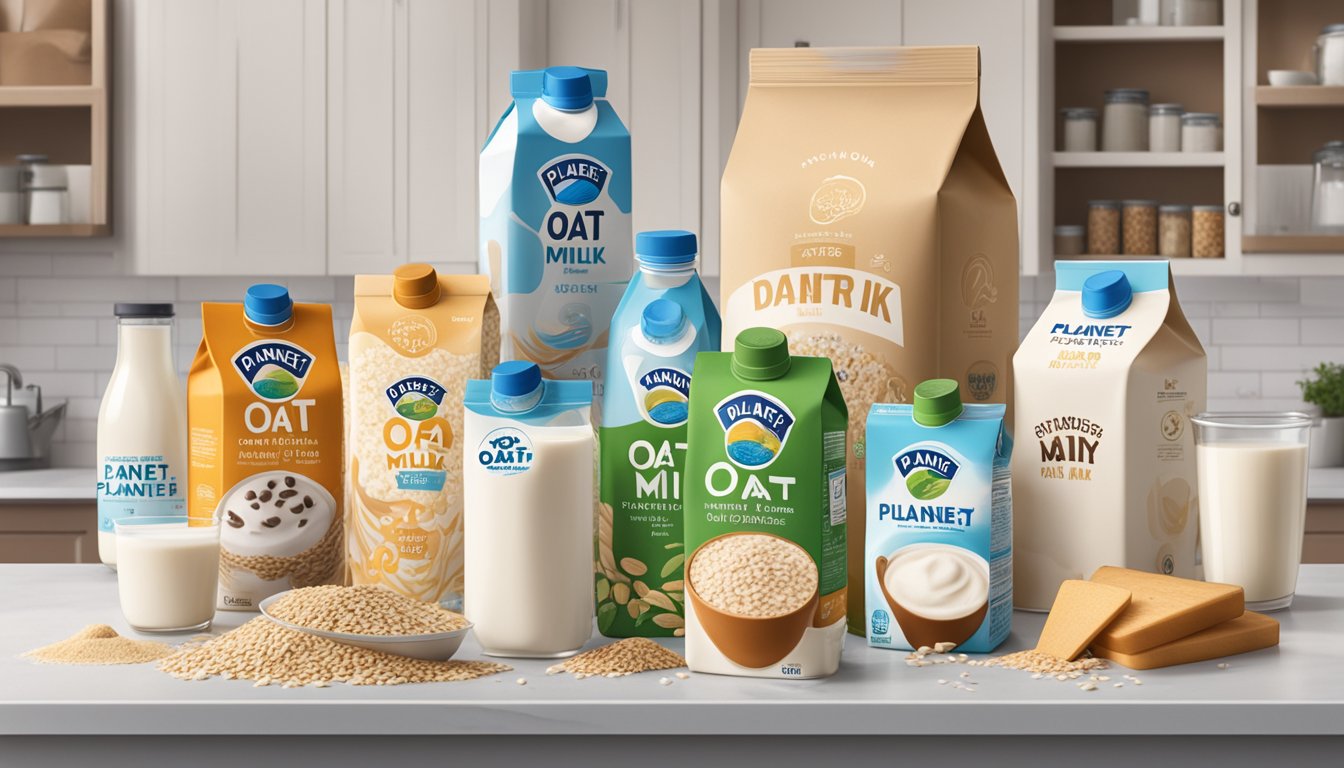 A carton of Planet Oat Oat Milk sits on a kitchen counter, surrounded by various dairy and non-dairy products. The expiration date is clearly visible on the packaging