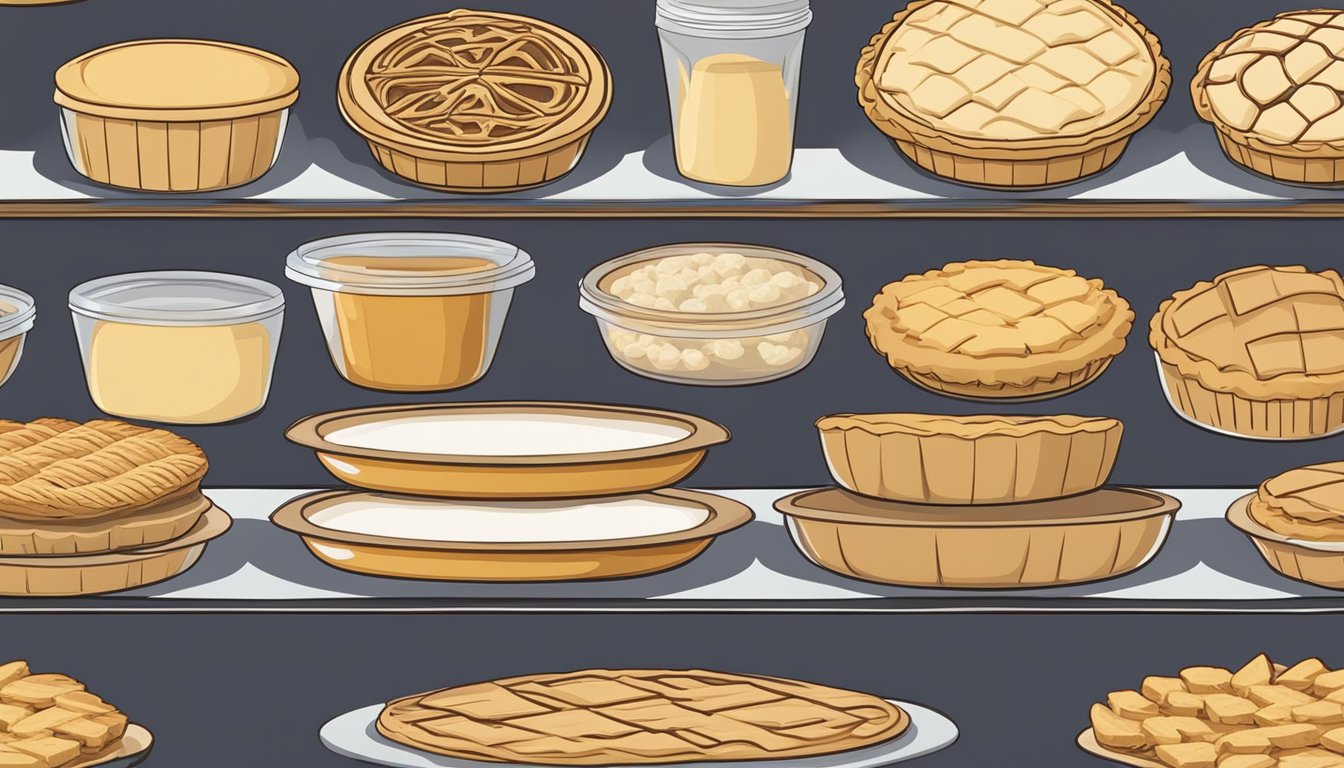 A variety of pie crusts arranged on a shelf, including traditional, graham cracker, and gluten-free options. Some are wrapped in plastic, while others are in open containers