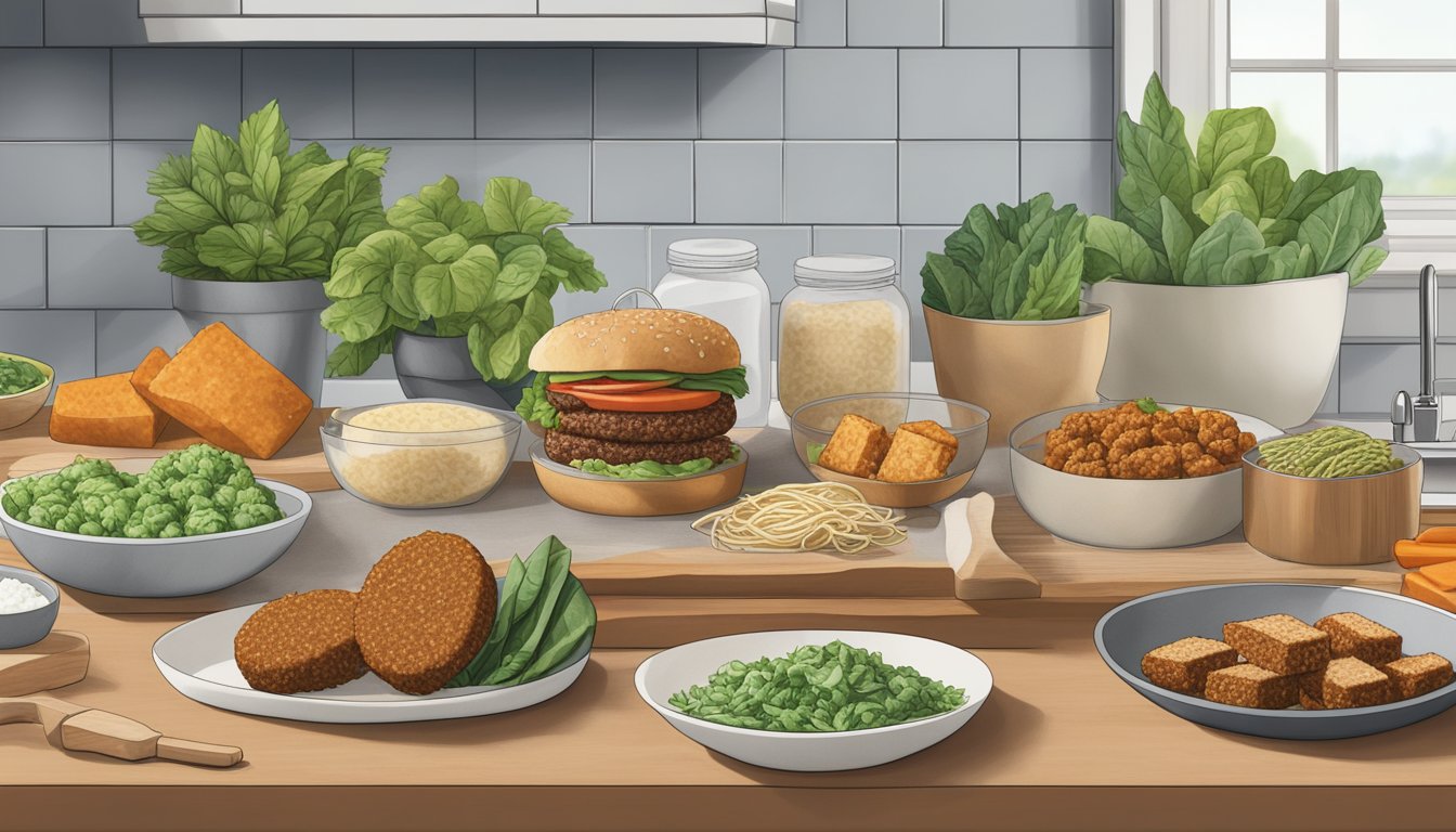 A variety of plant-based meat alternatives arranged on a kitchen counter, including packages of tofu, tempeh, seitan, and plant-based burgers