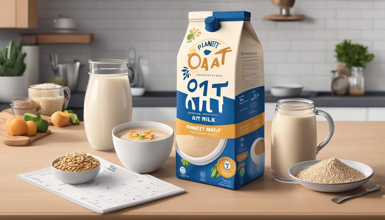 A carton of Planet Oat Oat Milk sits on a kitchen counter, surrounded by various recipe ingredients and a calendar showing the current date