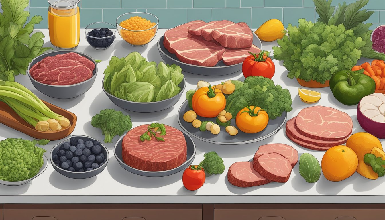 A colorful array of plant-based meat alternatives arranged on a kitchen counter, surrounded by fresh vegetables and fruits