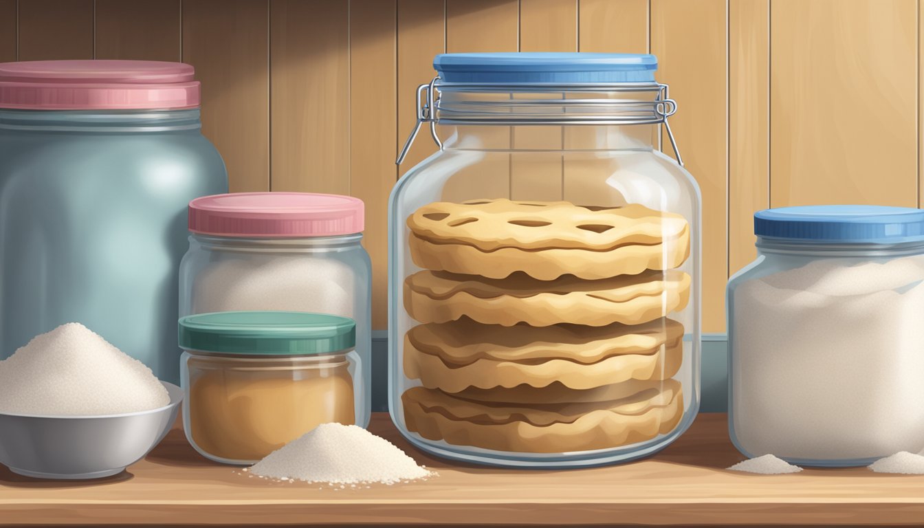 A glass jar filled with pie crust sits on a shelf next to a sealed bag of flour and a container of sugar