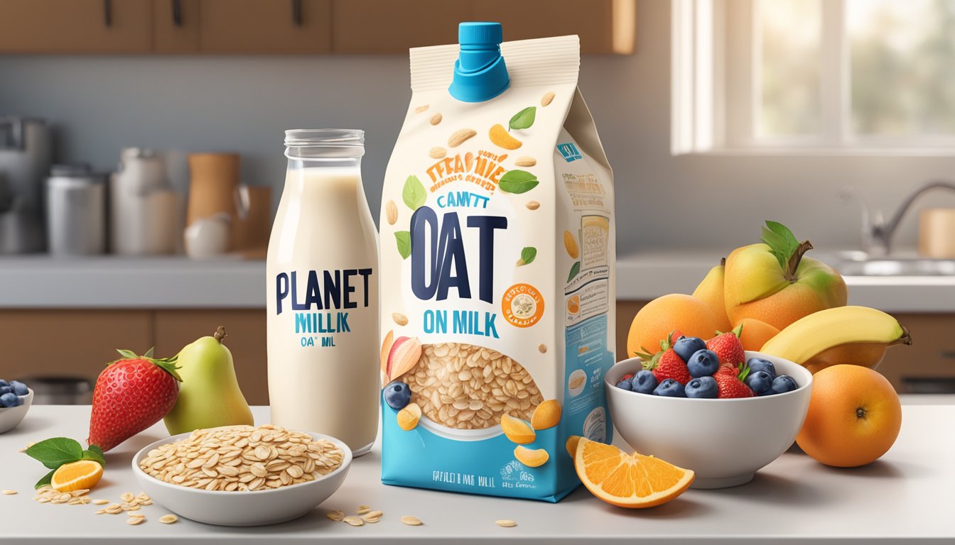 A carton of Planet Oat Oat Milk sits unopened on a kitchen counter, surrounded by various fruits and a bowl of cereal