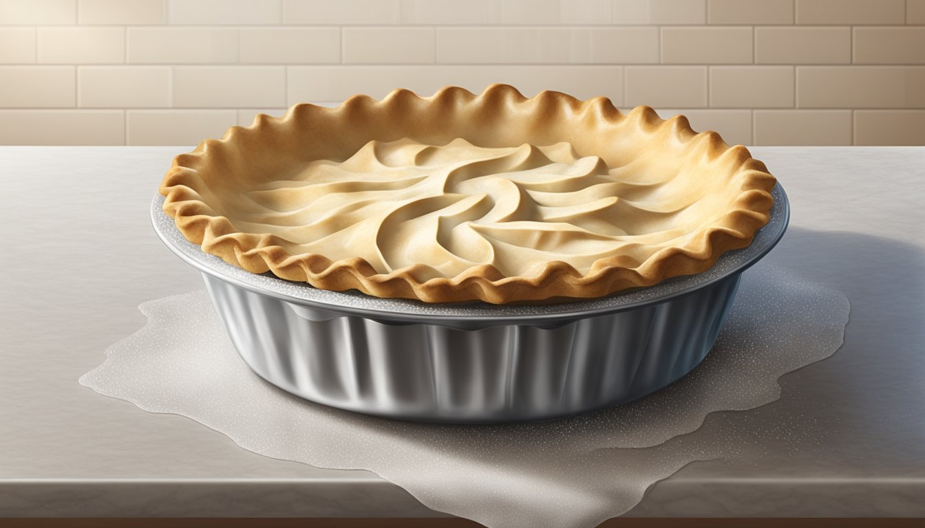 A pie crust sits on a countertop, slowly thawing as condensation forms on its surface