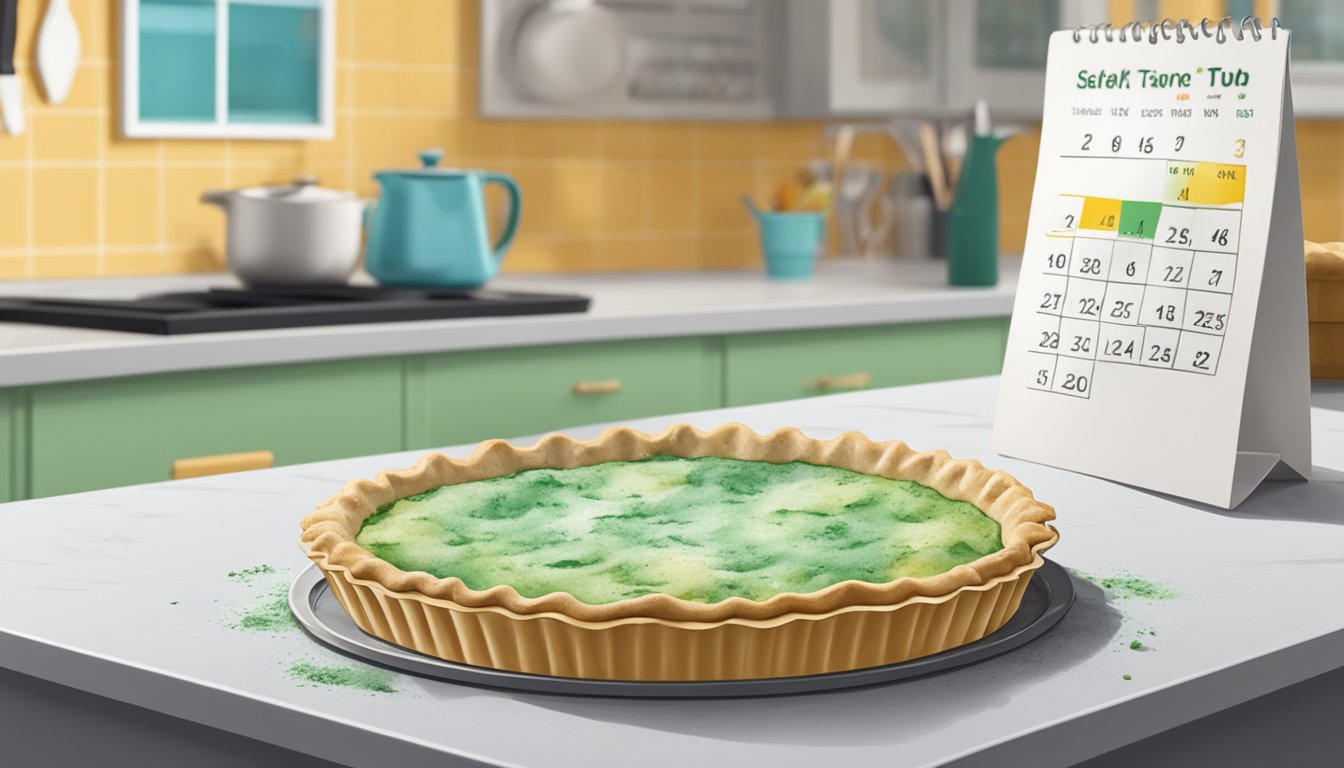 A pie crust sits on a countertop, covered in mold and emitting a foul odor. Nearby, a calendar shows the current date crossed out