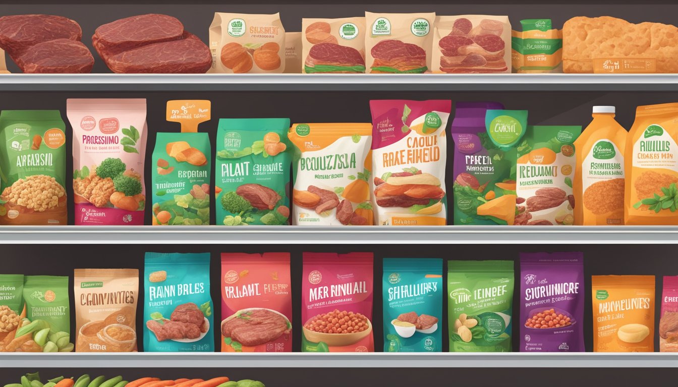 A colorful array of plant-based meat alternatives displayed on a grocery store shelf, with various popular brands and product options