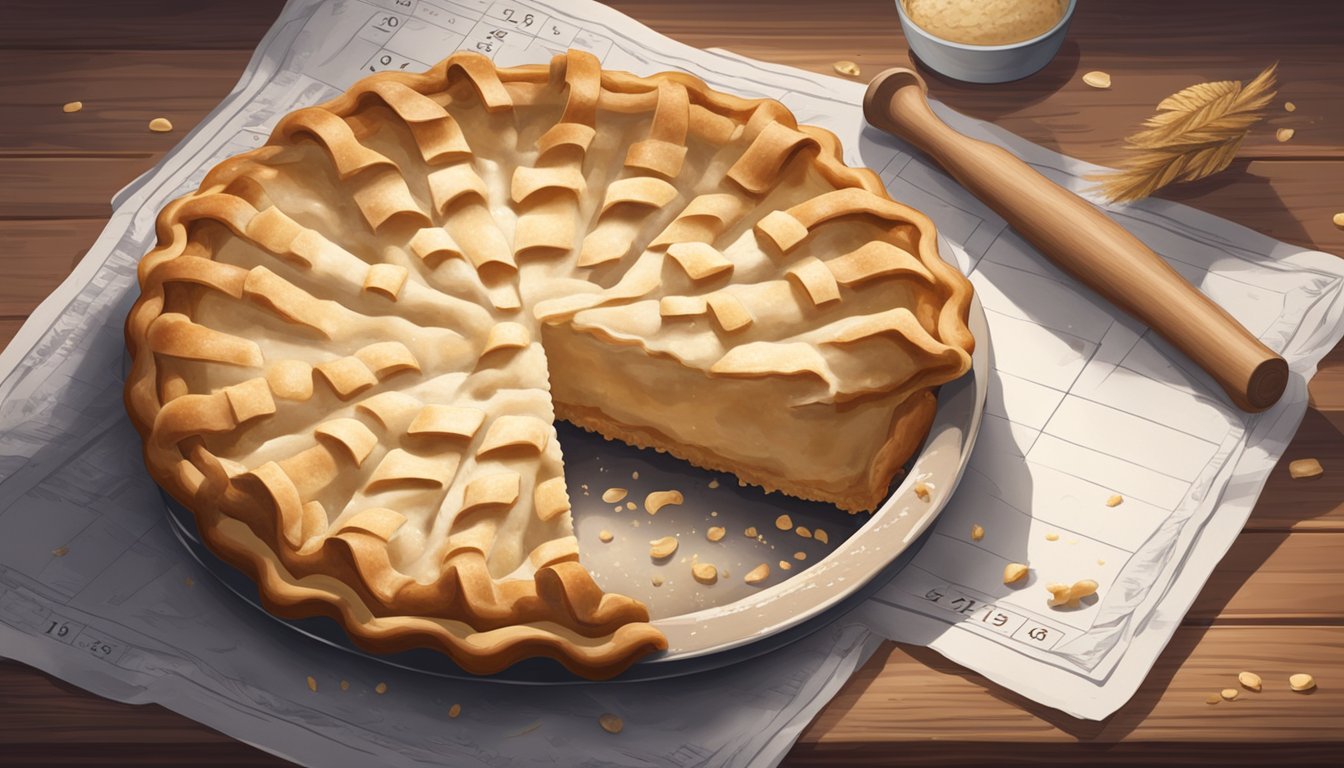 A freshly baked pie sits on a rustic wooden table, surrounded by scattered flour and rolling pin. A calendar on the wall marks the date of the pie's creation