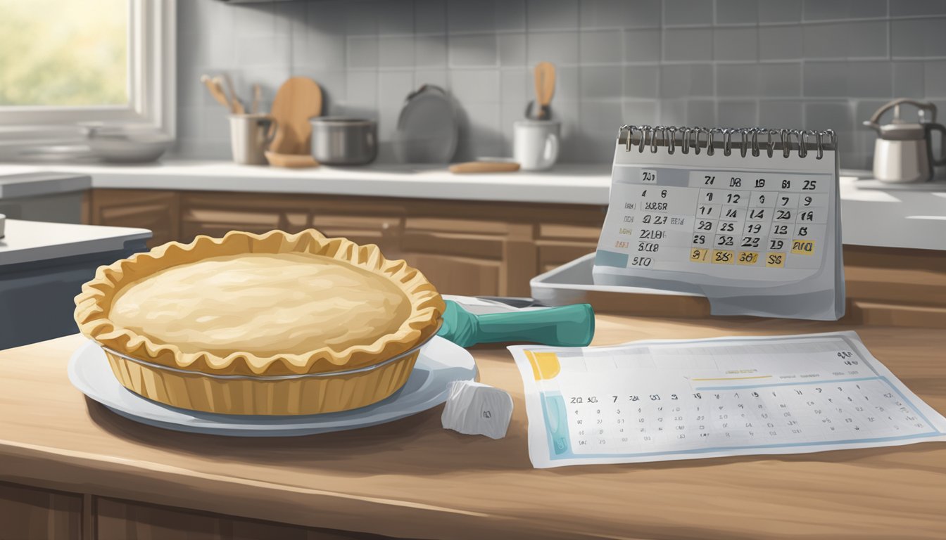 A pie crust sits on a kitchen counter, covered in plastic wrap, with a calendar on the wall showing the current date