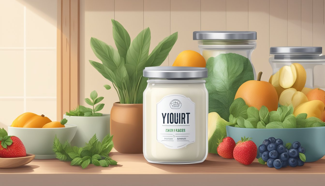 A jar of plant-based yogurt sits on a kitchen shelf, surrounded by fresh fruits and herbs. The label on the jar indicates the expiration date