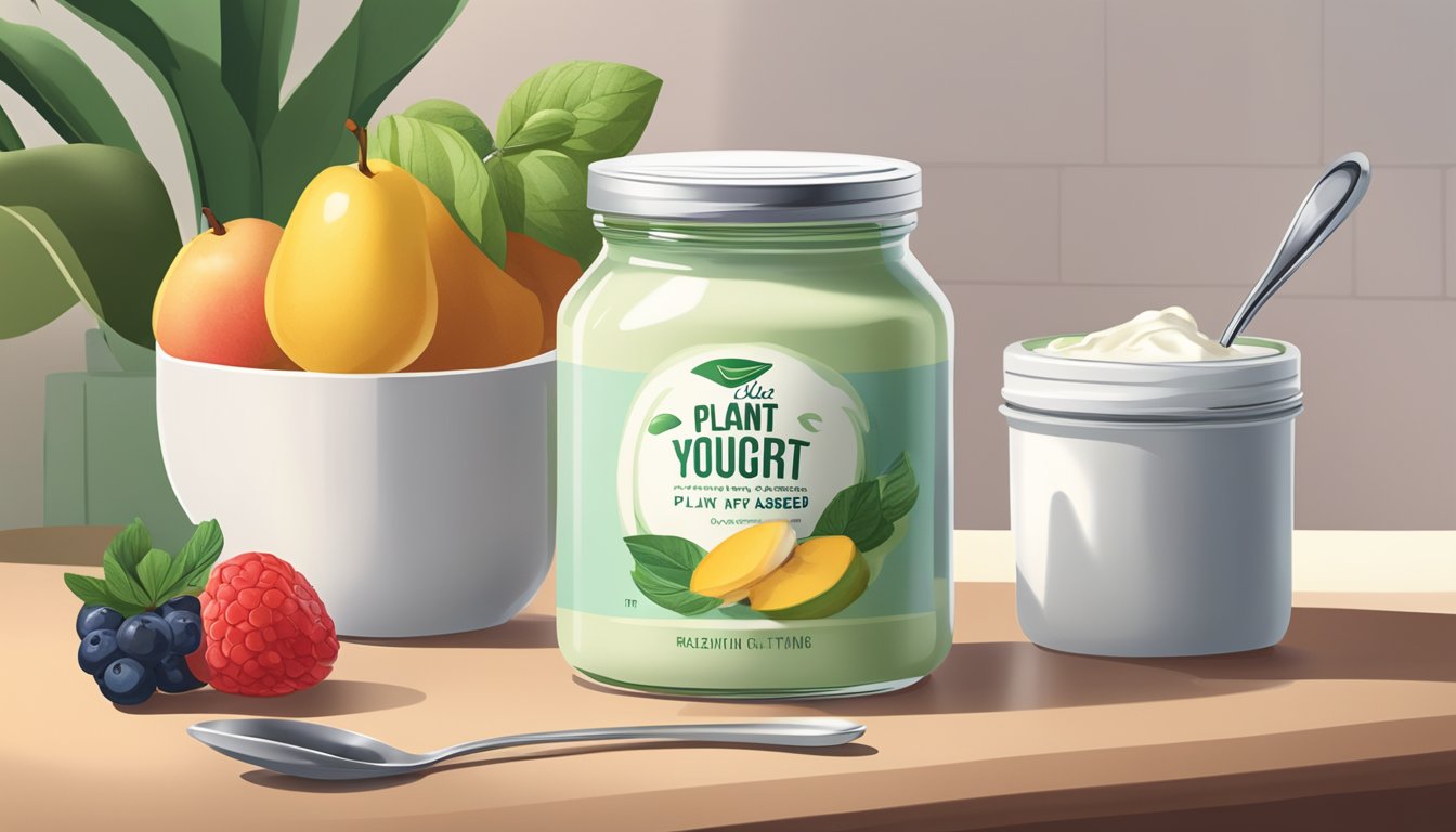 A jar of plant-based yogurt sits on a kitchen counter, surrounded by fresh fruits and a spoon. The lid is partially open, suggesting recent use