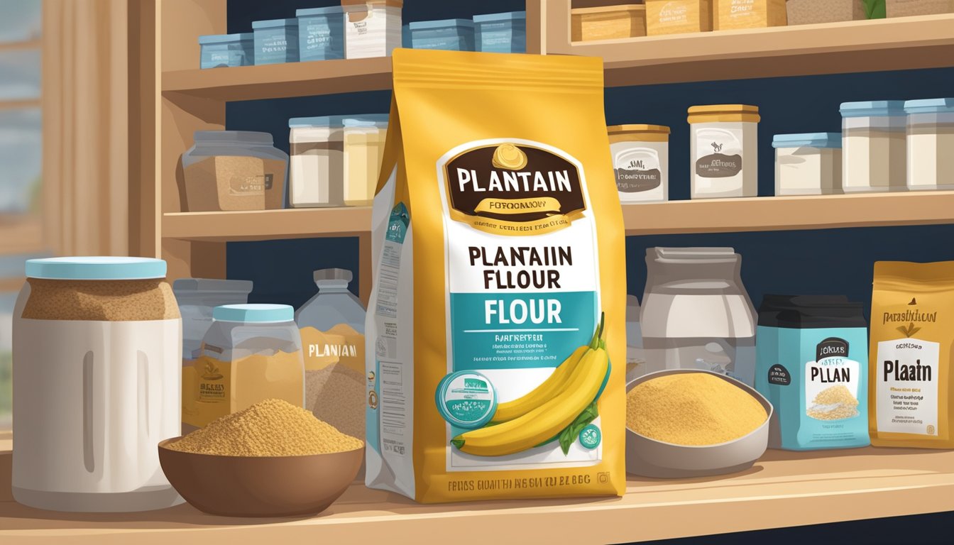 A sealed bag of plantain flour sits on a pantry shelf, surrounded by other dry goods. The expiration date is clearly marked on the packaging