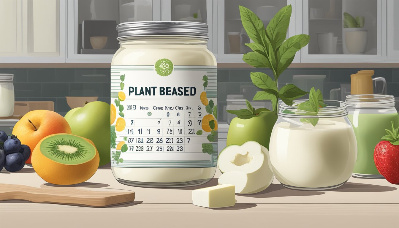 A jar of plant-based yogurt sits on a kitchen counter, surrounded by fresh fruits and a calendar showing the current date. The yogurt has started to separate and has a sour smell