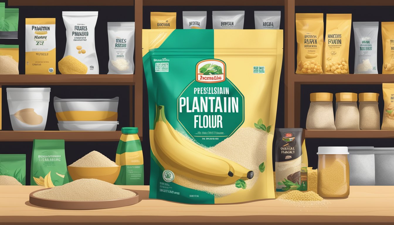 A sealed bag of plantain flour sits on a shelf, surrounded by other pantry items. The expiration date is clearly printed on the packaging