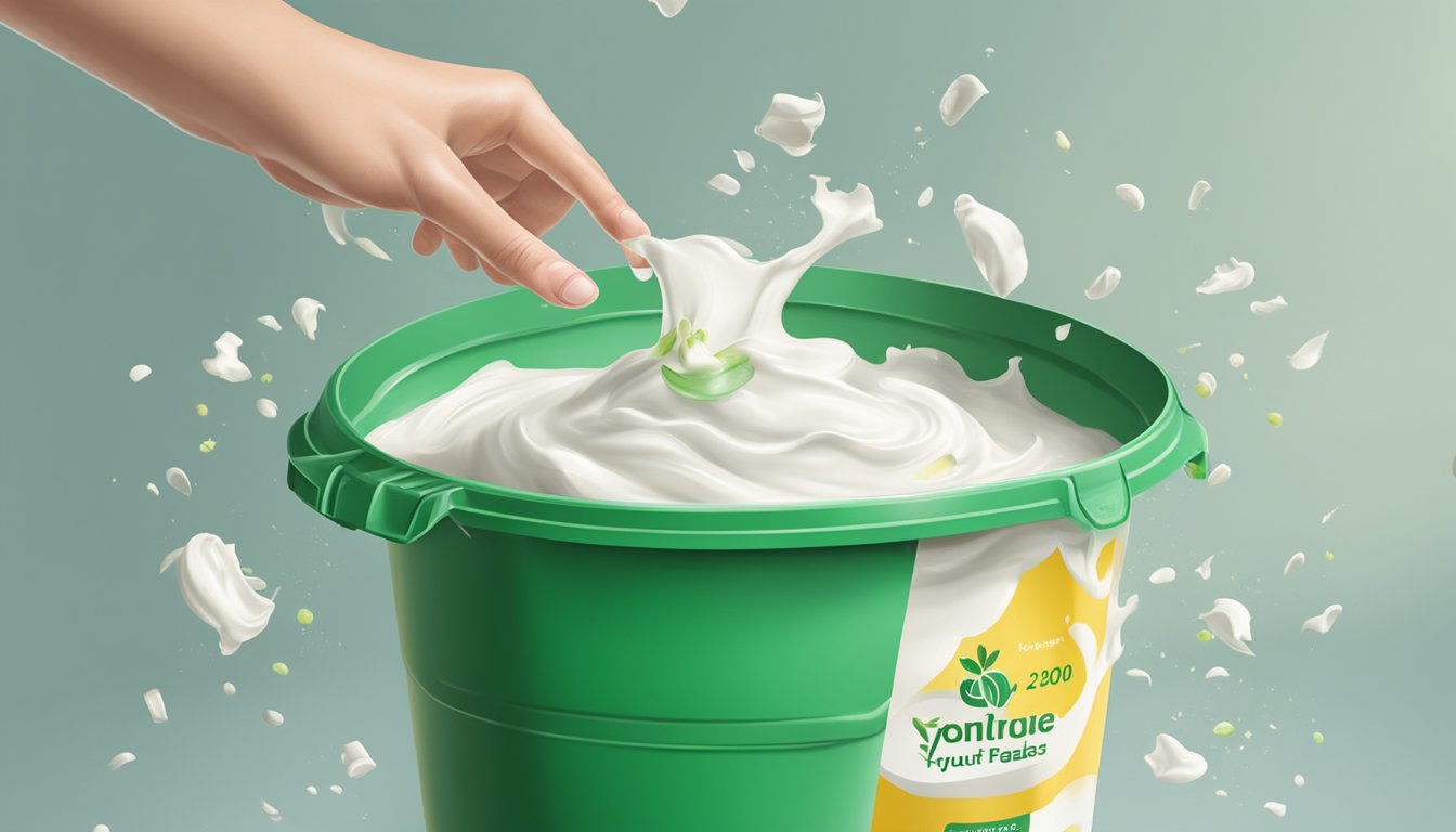 A carton of expired plant-based yogurt being thrown into the trash