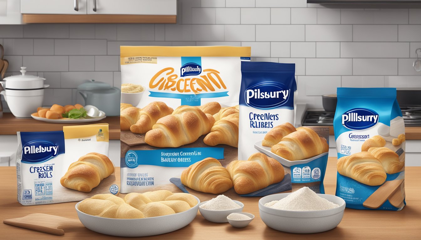 A package of Pillsbury Crescent Rolls sits unopened on a clean, organized kitchen counter, surrounded by other baking ingredients