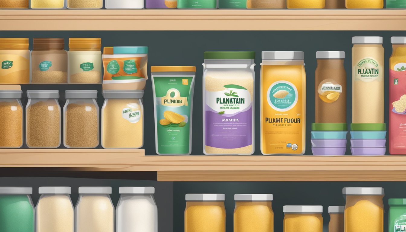 A sealed container of plantain flour on a pantry shelf, surrounded by other dry goods