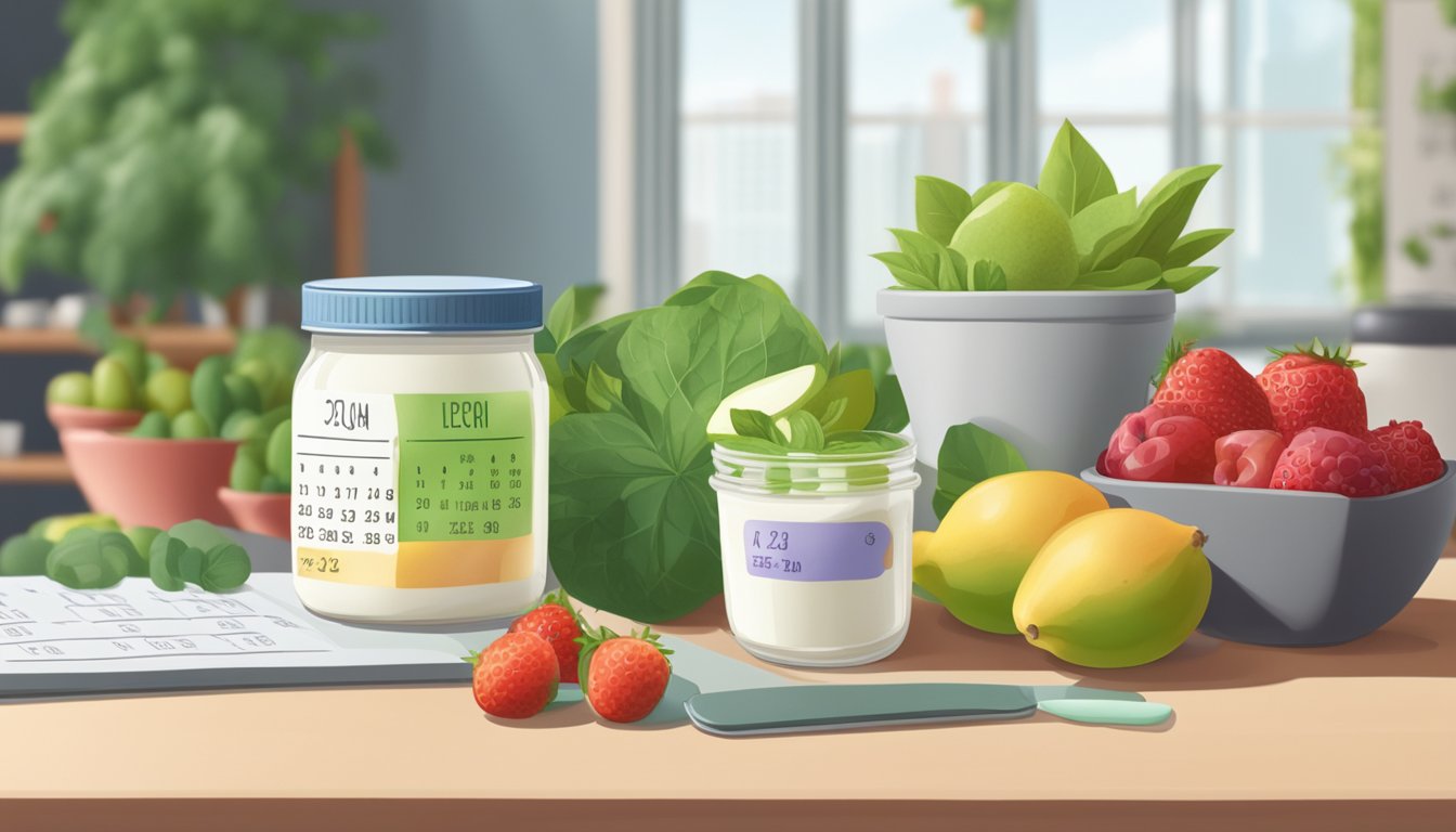 A jar of plant-based yogurt sits on a shelf, surrounded by fresh fruit and a calendar indicating the date of purchase