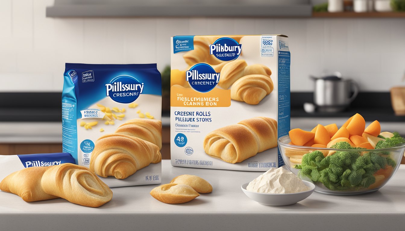 A package of Pillsbury Crescent Rolls sits unopened on a clean, organized kitchen counter, surrounded by other fresh ingredients