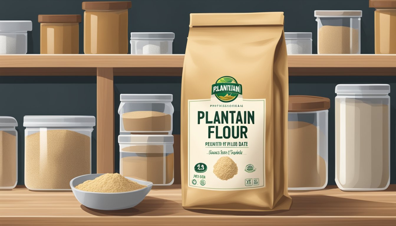 A sealed bag of plantain flour sits on a pantry shelf, with a best-by date clearly visible