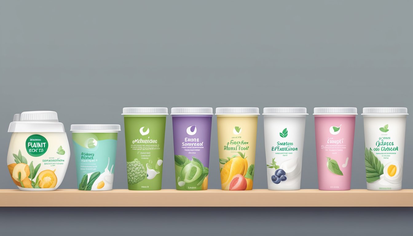 A variety of plant-based yogurt containers with different expiration dates displayed on a shelf