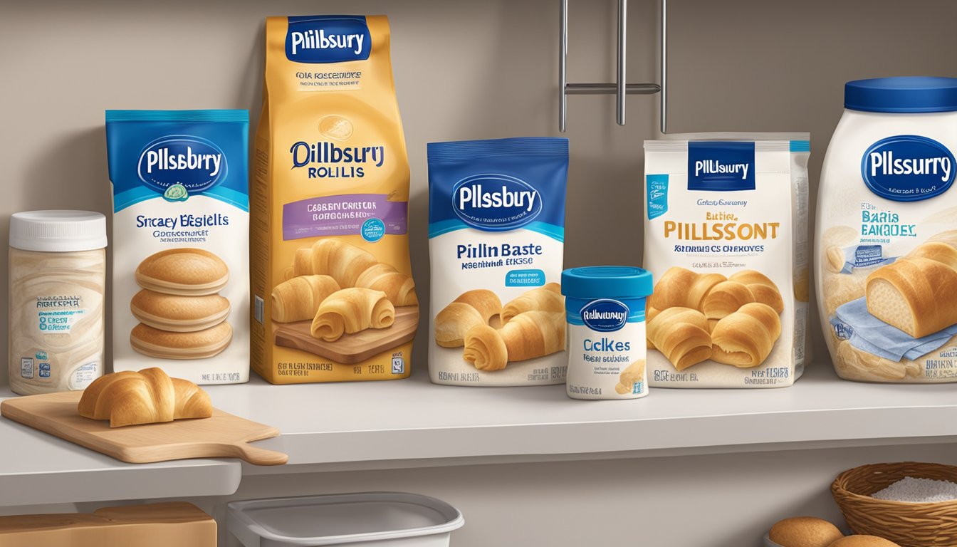 A package of Pillsbury Crescent Rolls sits on a shelf in a clean, organized pantry, with other baking ingredients nearby. The package is unopened and within its expiration date