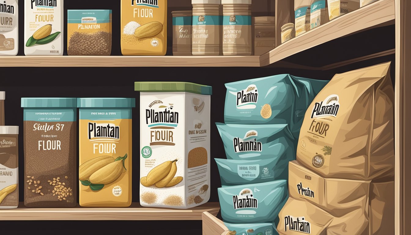 A sealed bag of plantain flour sits on a pantry shelf, surrounded by other dry goods. The expiration date is clearly printed on the packaging