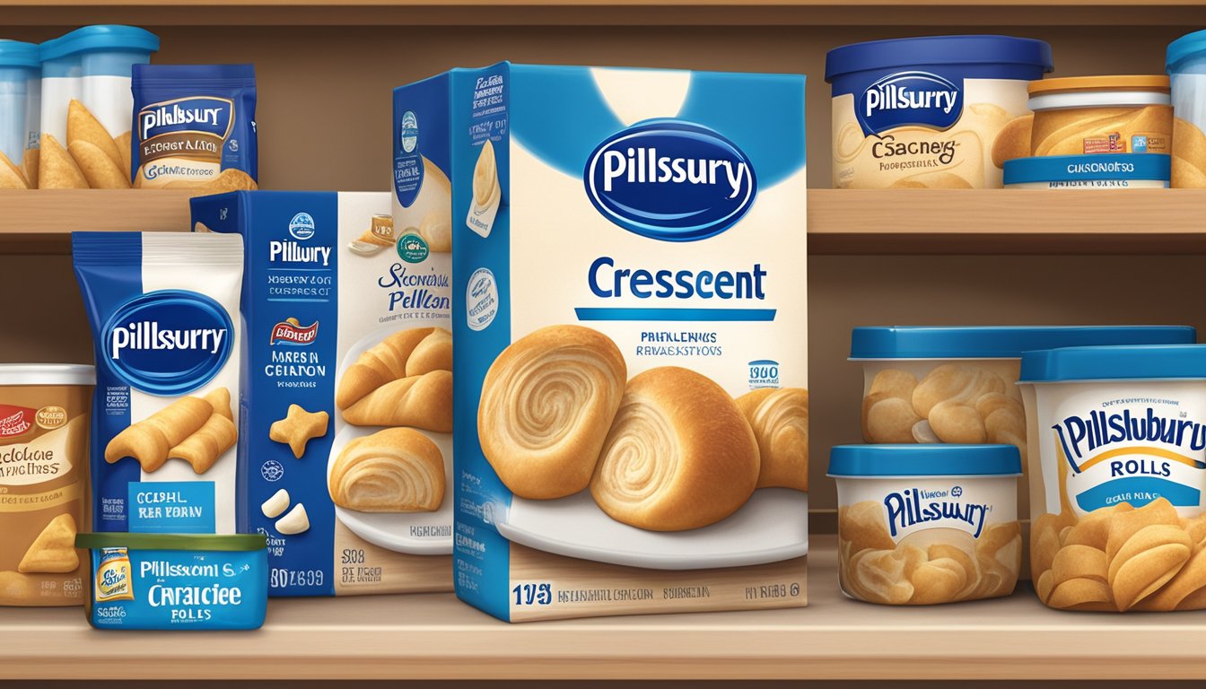 A package of Pillsbury Crescent Rolls sits on a kitchen shelf, surrounded by other pantry items. The expiration date is visible on the packaging