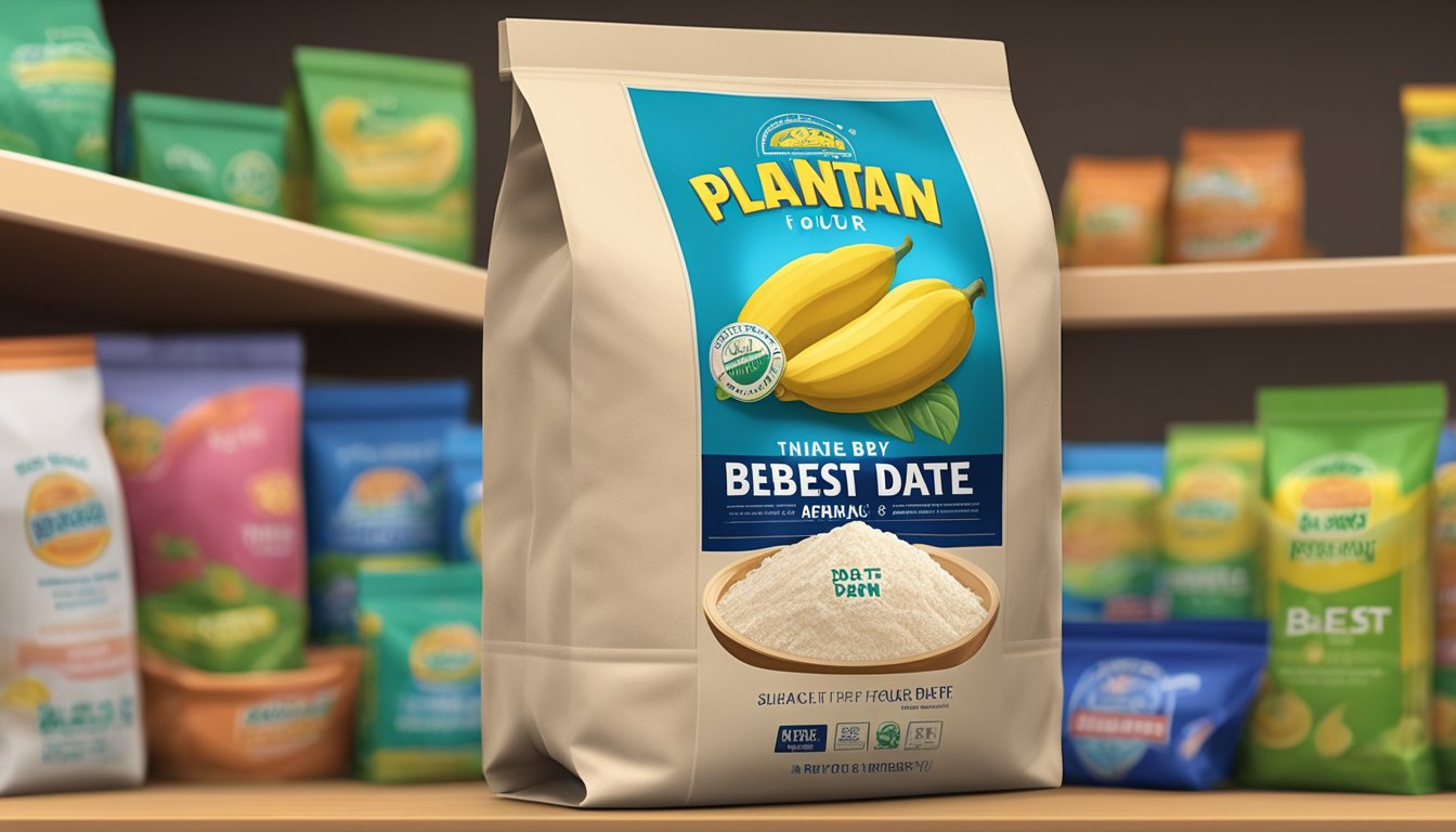 A sealed bag of plantain flour sits on a shelf, with a "best by" date clearly printed on the packaging