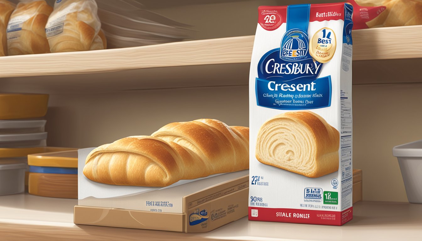 A Pillsbury Crescent Roll package sits unopened on a pantry shelf, with a "best by" date clearly visible