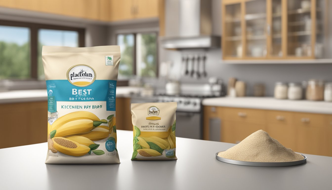 A sealed bag of plantain flour with a "best by" date visible. A kitchen pantry with other dry goods in the background