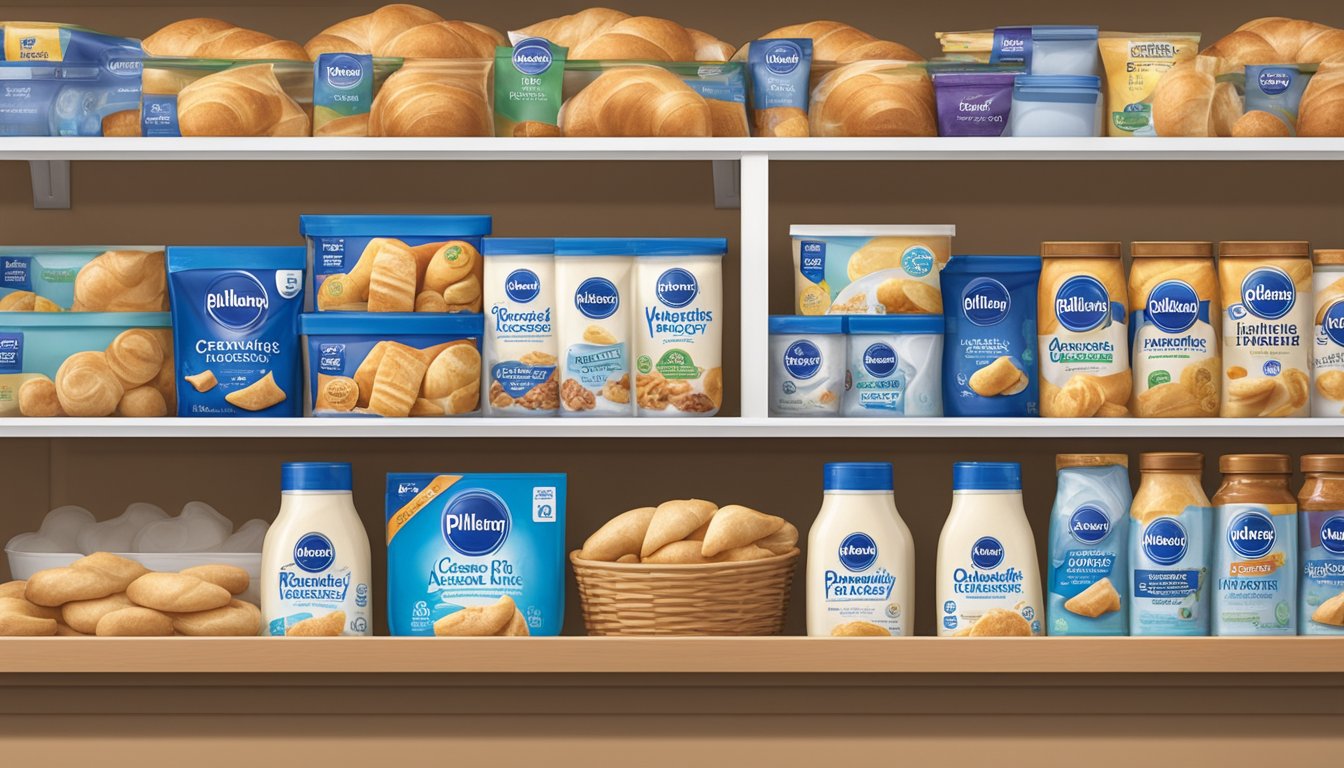 A package of Pillsbury Crescent Rolls sits unopened on a clean, organized kitchen shelf, surrounded by other pantry items. The expiration date is clearly visible on the packaging