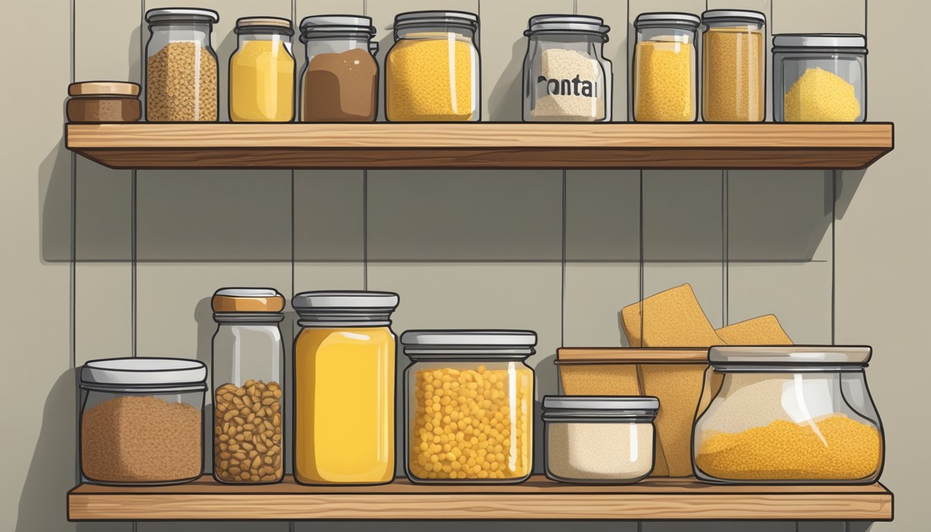 A wooden pantry shelf holds a container of polenta, surrounded by other dry goods. A calendar on the wall shows the current date