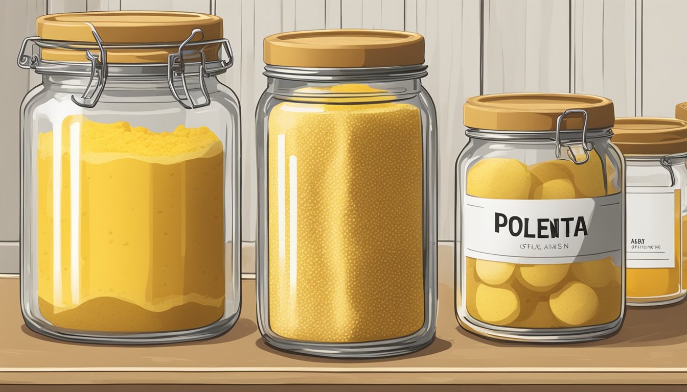 A glass jar filled with polenta sits on a shelf beside other pantry items. The lid is tightly sealed, and the polenta is dry and yellow in color