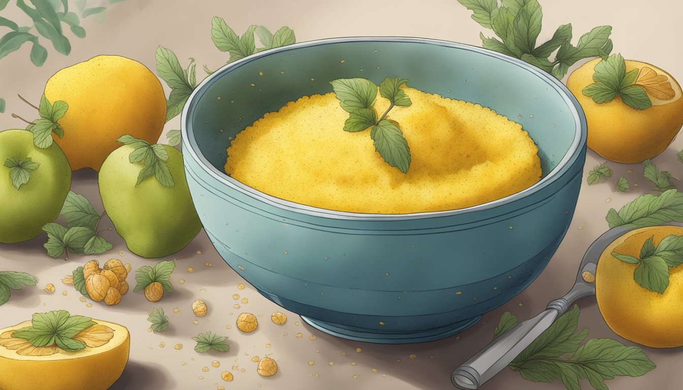 A bowl of moldy polenta with a foul odor, surrounded by fruit flies