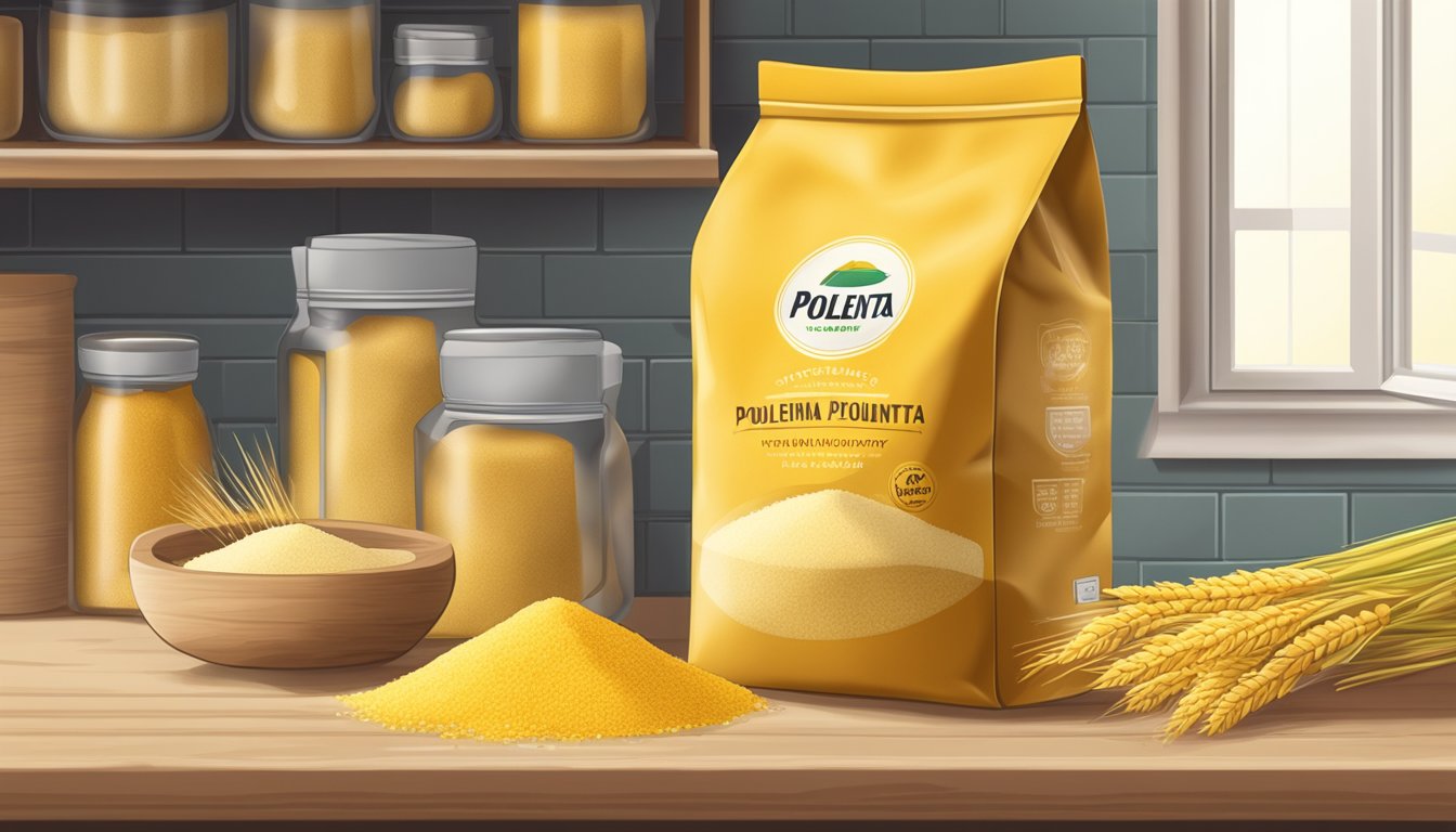 A bag of polenta sits on a kitchen shelf next to other dry goods. The packaging is clean and intact, with no signs of spoilage or expiration