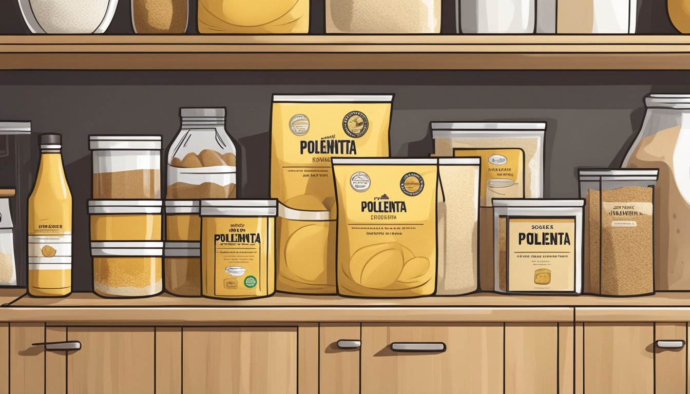 A bag of polenta sits on a clean, organized kitchen shelf next to other dry goods. The packaging is intact and free of any signs of damage or spoilage